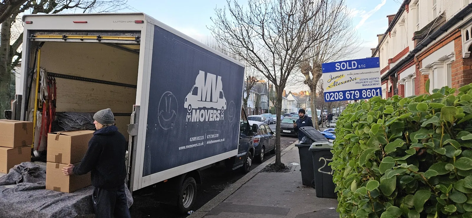 MV Movers Luton van outside a sold terraced house in West London – House & Flat Removals West London